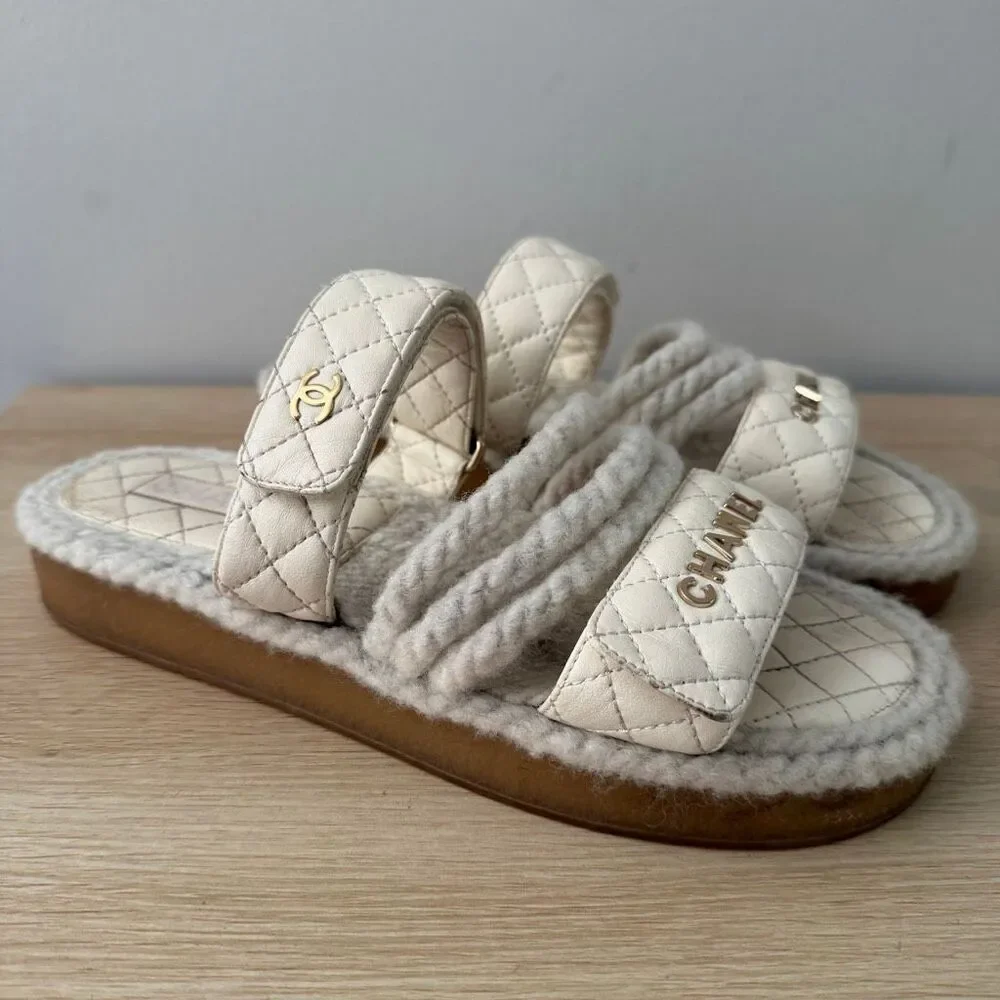 Chanel Interlocking CC Logo Quilted Leather and Rope Slide Sandals 40